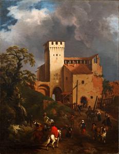 Pandolfo Reschi,1643 ca -1696, scena di vita quotidiana, siglato sulla coscia del cavallo al centro della scena VENDUTO